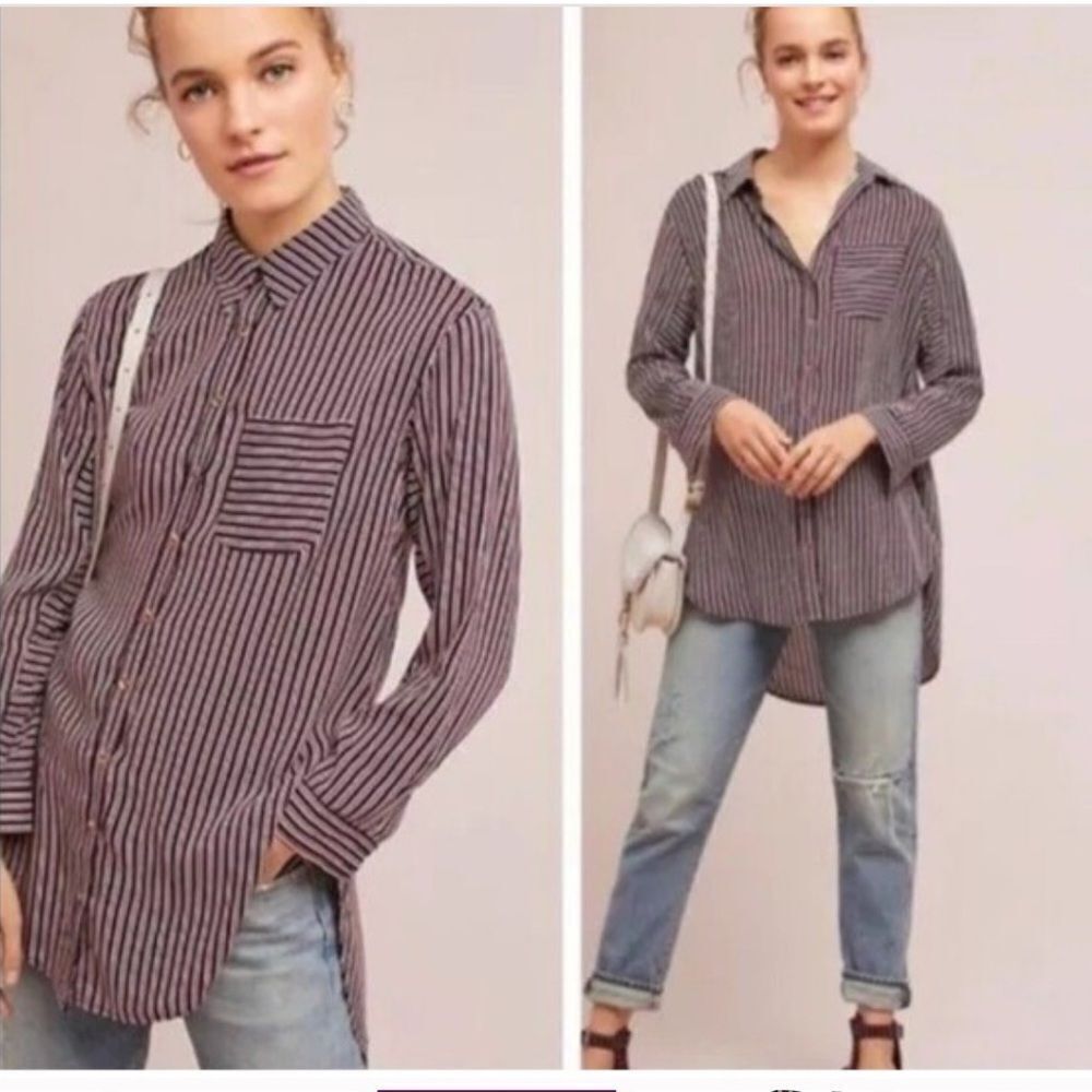MAEVE ANTHROPOLOGIE Adelaide Poplin Button Down Shirt Red Blue Striped Small